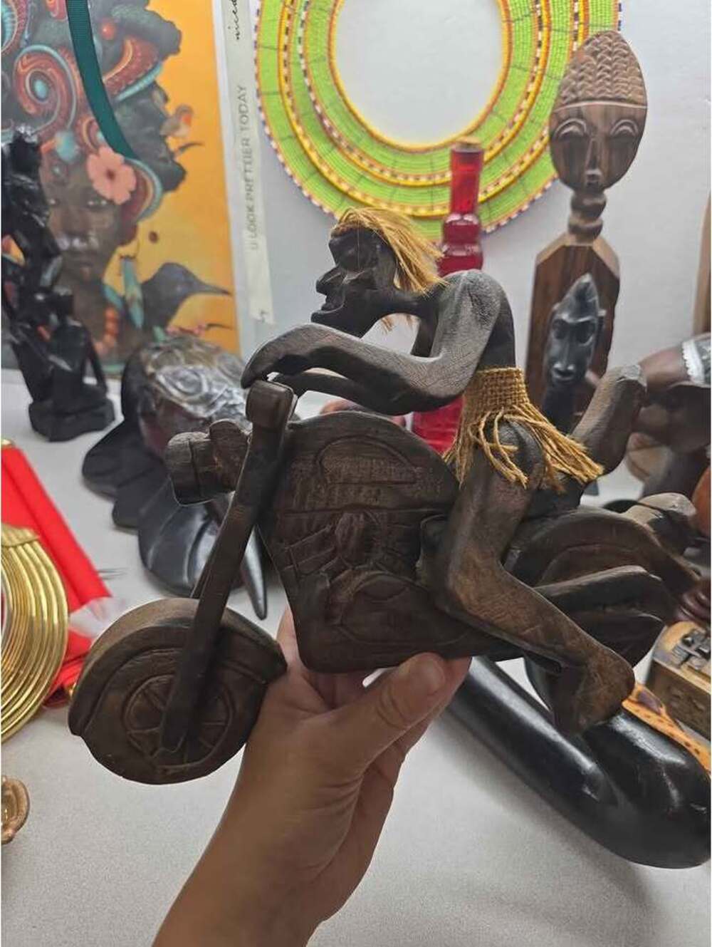 Hand-Carved African Tribal Biker Statue – Wood Motorcycle Art, Storage Find